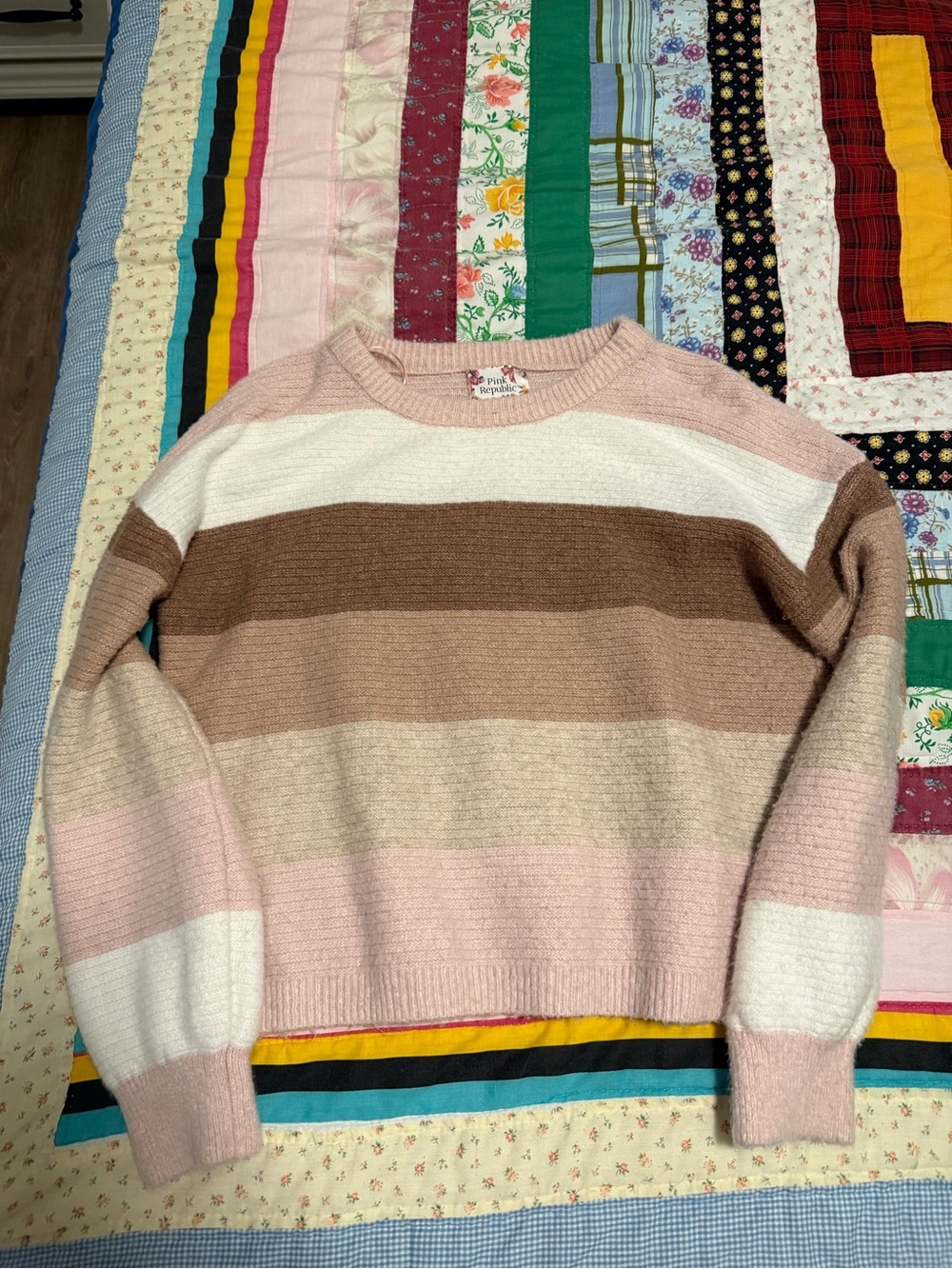 Pink Republic Striped Crewneck Sweater in Pink, Brown & Cream